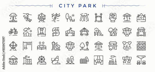 City Park icon collection. Thin line icons set. Editable stroke. Outdoor icon. Pack of house, land, town, cityscape, playground and more.