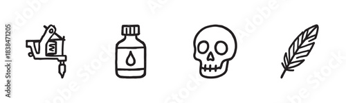 Four hand-drawn black-and-white tattoo-related icons including a machine, ink bottle, skull, and feather are presented in a simple, bold outline style