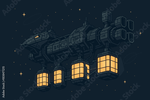 Spaceship with lanterns flying through a starry sky at night