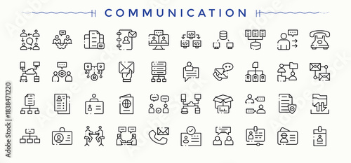 Communication linear icon set. Minimal icons set. Art and illustration. Contact icon set. Pictograms of assist, contact, phone, mail and more.