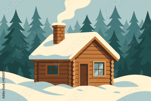 Cozy wooden cabin surrounded by tall trees in a snowy landscape during winter season