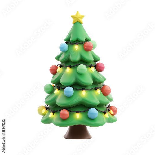 Christmas tree 3d rendering illustration PNG. cartoon minimal style ornaments and lights on green Christmas tree on transparent isolated background.