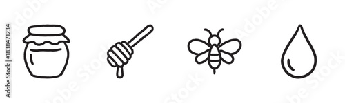 Four simple hand-drawn honey-related icons including a jar, a dipper, a bee, and a drop, presented in a clean, minimalist black outline style
