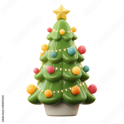 Christmas tree 3d rendering illustration PNG. cartoon minimal style ornaments and lights on green Christmas tree on transparent isolated background.