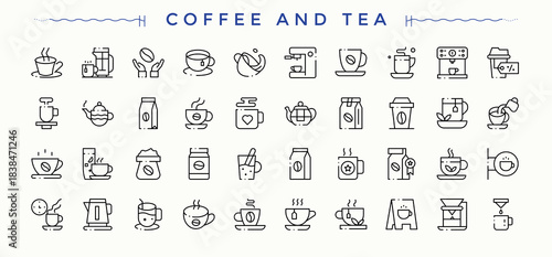 Coffee And Tea modern icon set. Cafes line icon set. Vector outline icons collection. Contains related to leaf, cafes, tea, drink, breakfast and more. Pixel perfect. Editable stroke.