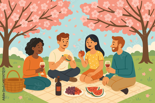 Group of friends enjoy picnic under cherry blossom trees during springtime afternoon in a park setting with food and drinks