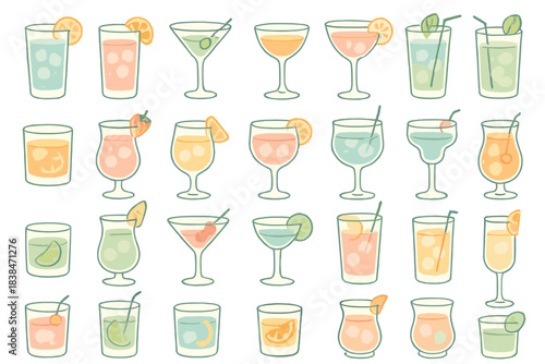 Different kinds of drinks in glasses with fruit and ice in a grid layout on a light background