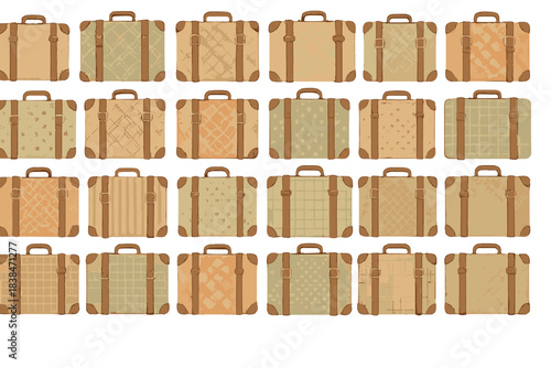 Different styles of travel bags arranged in a grid pattern showing various designs and colors for potential travelers