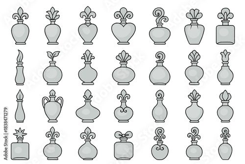 Collection of decorative vases arranged in a grid showing different shapes and designs with a variety of tops in one location