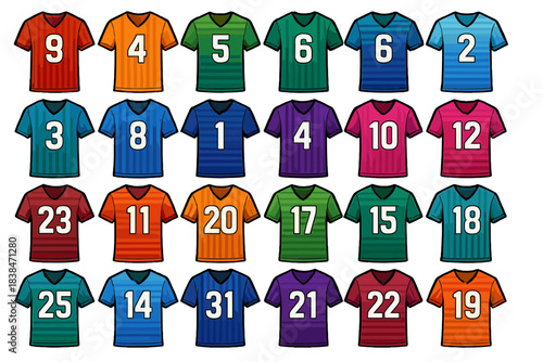 Colorful team shirts with various numbers arranged in a grid pattern for sports event preparation