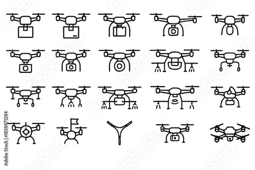 Different types of drones with various attachments and functions for various tasks in a line