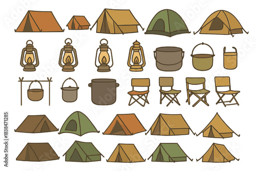 Camping equipment and supplies displayed in a simple layout with tents, lamps, and folding chairs arranged