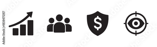 Four black silhouette business strategy and finance icons are visually presented, featuring symbols for growth, team, financial security, and focused vision in a clean, professional graphic style