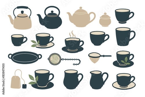 Different types of tea and coffee items arranged on a plain background showing various cups and teapots