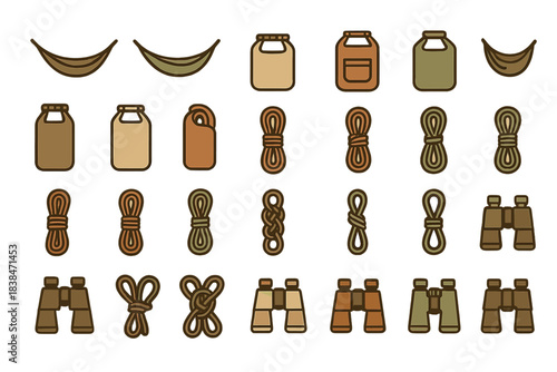 Collection of items including ropes, containers, and binoculars for outdoor activities and adventures in various colors and shapes
