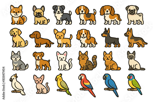 Different types of cartoon dogs, cats, and birds arranged in a grid showing various breeds and colors