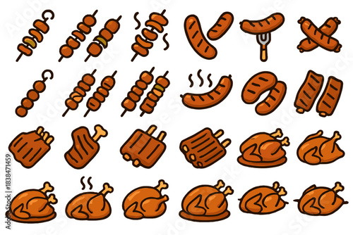 Various types of grilled meats displayed in a colorful drawing with touches of smoke indicating cooking process