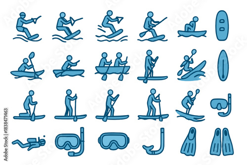 People engaging in various water sports like kayaking, paddle boarding, and snorkeling at the beach during sunny weather