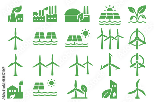 Icons show different forms of renewable energy in simple green designs representing solar, wind, and plant-based sources