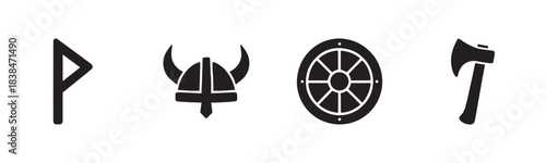 Four black silhouette Viking cultural icons are displayed in a graphic style, featuring a rune, a horned helmet, a round shield, and an axe, evoking ancient Norse history