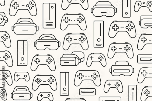 Pattern of game controllers and devices on a simple background showing various gaming equipment and accessories