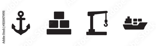 Four black silhouette shipping and logistics icons are clearly displayed, featuring an anchor, stacked cargo boxes, a port crane, and a container ship, rendered in a clean, minimalist style