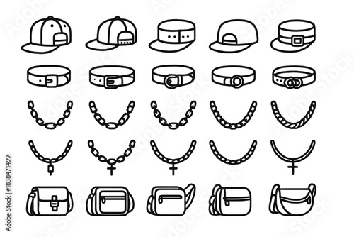 Various hats and accessories displayed on a plain background for design and fashion illustration purposes