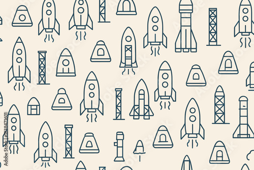 Various rockets and launch pads in simple line art style on light background