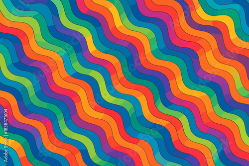 Colorful wavy pattern with vibrant lines and shapes creating a lively design in a digital format