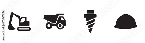 Four black silhouette industrial construction icons are neatly arranged, featuring an excavator, dump truck, drill bit, and hard hat, presented in a minimalist, flat design