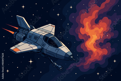 Spaceship travels through dark space with bright flames and colorful nebula in background near distant stars