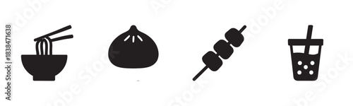 Four black silhouette Asian food and drink icons including noodles with chopsticks, a steamed bun, a skewer, and bubble tea, presented in a simple, graphic illustration style