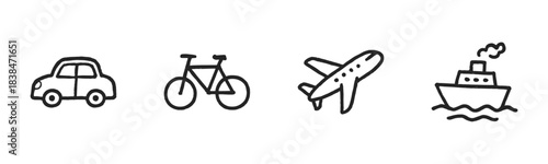 Four simple hand-drawn transportation icons are displayed in a clean, minimalist doodle style, representing various travel methods with a cheerful and accessible feel