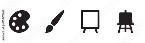 Four black silhouette art icons depict a palette, paintbrush, canvas, and easel, representing creativity and artistic expression in a clean, graphic style
