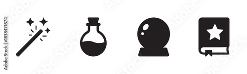 Four black magic fantasy icons, including a sparkling wand, a potion bottle, a crystal ball, and a spellbook, are arranged in a horizontal row
