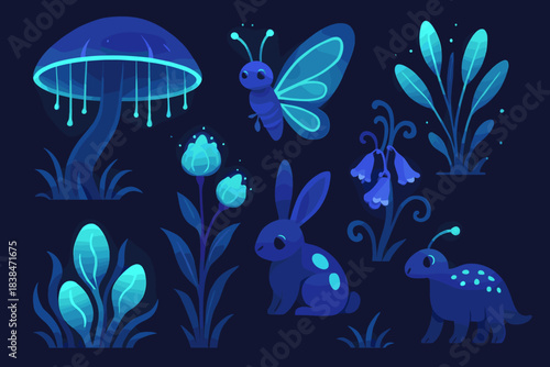 Colorful digital art showing whimsical creatures and plants in a dark background with glowing features and various shapes