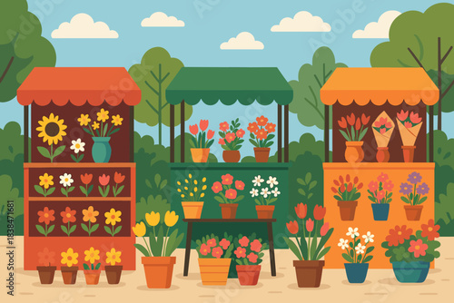 Flower market with colorful stalls filled with various plants and flowers at a sunny outdoor location