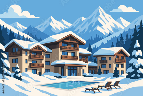 Snowy mountain lodge with pool and lounge chairs under a clear blue sky during winter season