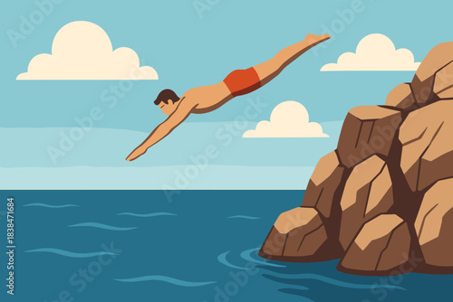 Man dives off a rock into the ocean on a sunny day near the coast with clouds in the sky