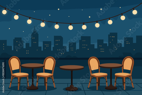 Evening outdoor seating area with string lights and city skyline view in the background