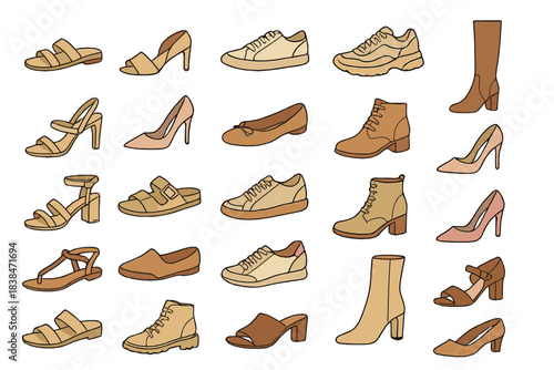 Collection of different shoe types arranged in rows on a white background