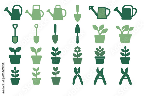 Gardening tools and plants collection showing various items for planting and caring for a garden in green colors and simple designs