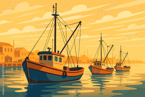 Fishing boats docked at sunset by the shore with calm waters and a city skyline in the background