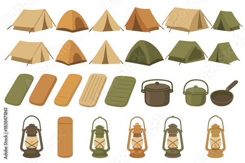 Collection of tents, cooking tools, and lanterns for outdoor camping and adventure preparation