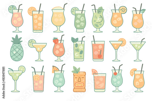 Different colorful drinks placed on a table with fruit and ice in a bright setting during a warm season