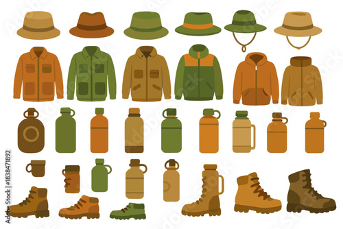 Different types of outdoor gear including hats, jackets, bottles, and boots arranged in a grid pattern