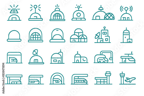 Collection of various building icons representing different structures and architecture styles at different locations and uses