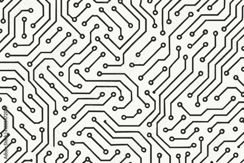 Lines and dots form a complex circuit design on a plain background, illustrating technology and connection in modern electronics