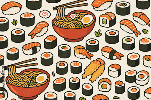 Colorful food pattern featuring various types of sushi, ramen, and seafood on a light background showing different Japanese dishes and toppings