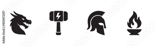 Four black silhouette mythical icons featuring a dragon head, a powerful hammer with a lightning bolt, a Spartan warrior helmet, and an eternal flame in a bowl, presented in a minimalist, iconic style